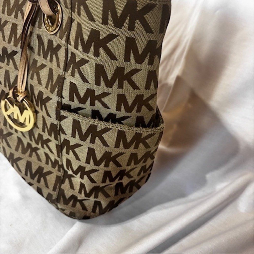 Michael Kors MK Logo Canvas Tote Bag Brown Tan Large Shoulder Bag - Picture 6 of 13